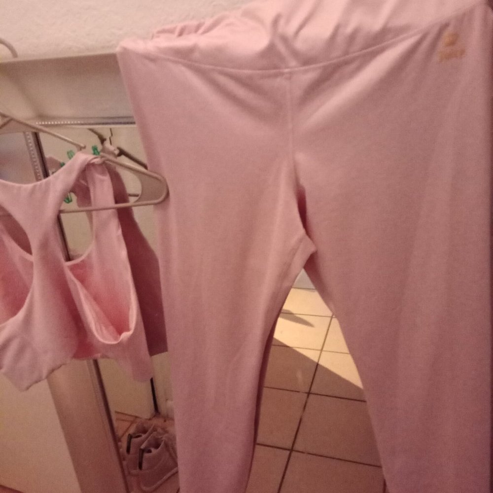 Juicey pink tights and sports bra.